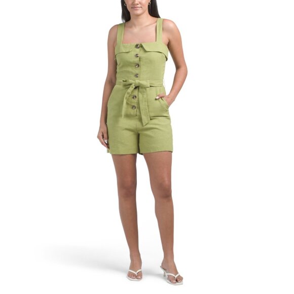 ENGLISH FACTORY Green Linen Blend Front Tie Romper